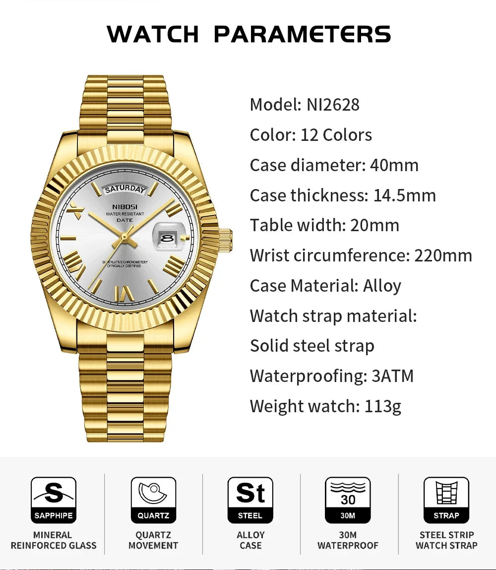 NIBOSI Brand Original Stainless Steel Quartz Watches For Men Luxury Date Display Luminous Fashion Men's Watch Relogios Masculino